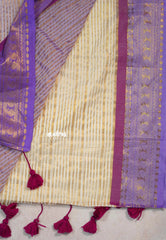 Creamy Ivory - Soft Mul cotton with Gold Stripes body and Mayil Border - Perfect for Festive Wear