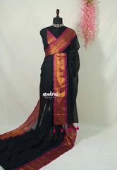 Midnight Black - Soft Mul cotton Plain Body with Traditional Border - Perfect for Office Wear | summer wear | Casual wear
