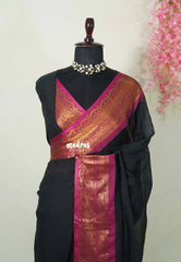 Midnight Black - Soft Mul cotton Plain Body with Traditional Border - Perfect for Office Wear | summer wear | Casual wear