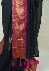 Midnight Black - Soft Mul cotton Plain Body with Traditional Border - Perfect for Office Wear | summer wear | Casual wear