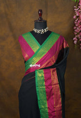 Jet Black - Soft Mul cotton Plain Body with Traditional Border - Perfect for Office Wear | summer wear | Casual wear
