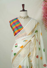 Ivory White - Soft Mul Cotton Saree Polka Dots with Madras Checks Blouse - Best for Summer | Casual Wear