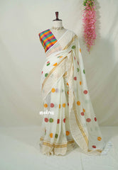 Ivory White - Soft Mul Cotton Saree Polka Dots with Madras Checks Blouse - Best for Summer | Casual Wear