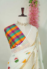 Ivory White - Soft Mul Cotton Saree Polka Dots with Madras Checks Blouse - Best for Summer | Casual Wear