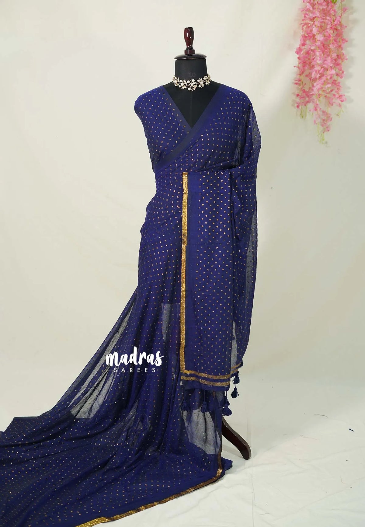 Deep M.S Blue - Soft Mul cotton with Polka Glitter Works and No Blouse - Perfect for Party Wear | Casual wear