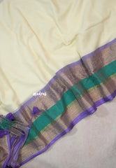 Creamy Ivory - Soft Mul cotton with Plain body and Mayil Border - Perfect for Festive Wear