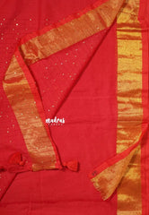 Chilli Red - Soft Mul cotton Tissue Border with Jamki work Pallu - Perfect for Evening party | Reception | Summer friendly