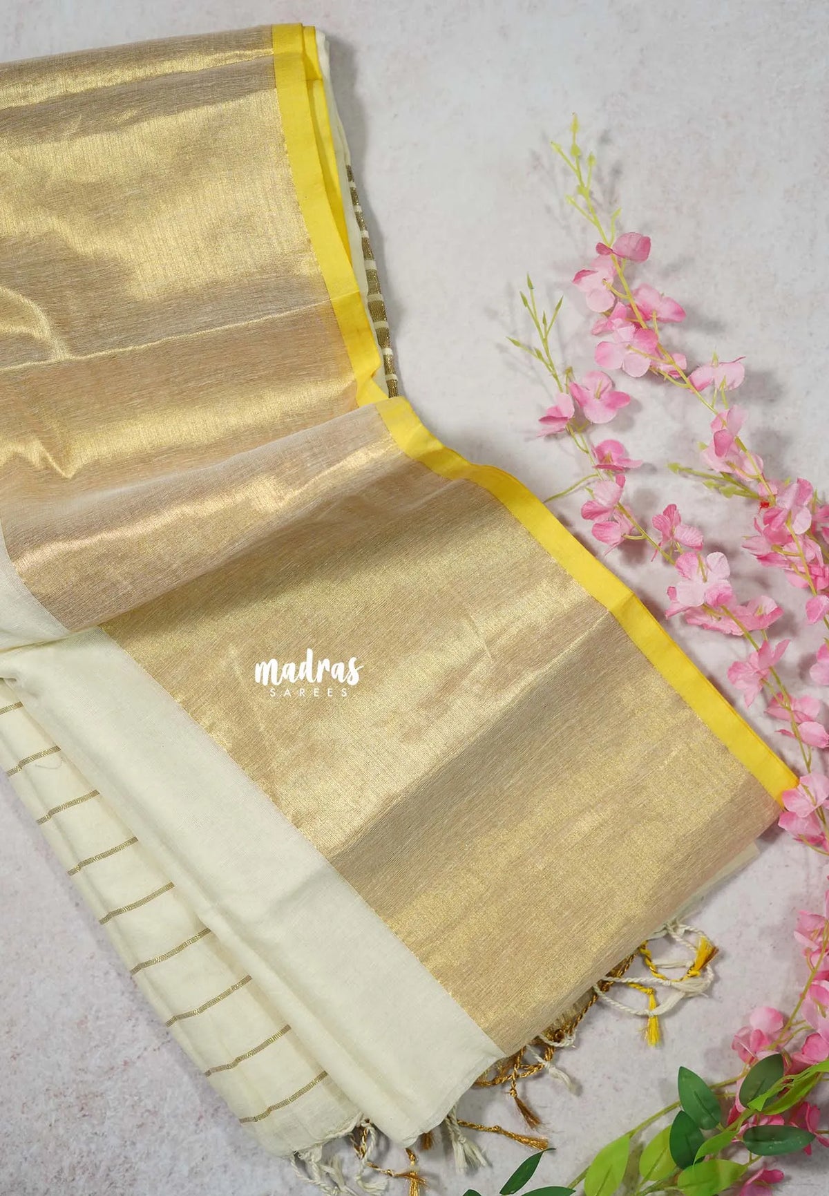 Ivory Cream - Soft Mul cotton with Tissue Border No Blouse - Perfect for Evening party | Reception
