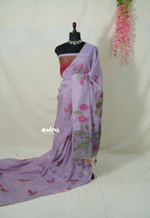 Lilac Lavender - Soft Muslin Silk Borderless with Divine Lotus Pallu Thread Weaving - Perfect for Office Wear | Summer Wear