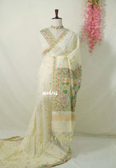 Creamy Ivory - Soft Muslin Silk Floral Weaving Border with Divine Lotus Pallu Thread Weaving - Perfect for Office Wear | Summer Wear