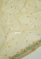 Creamy Ivory - Soft Muslin Silk Floral Weaving Border with Divine Lotus Pallu Thread Weaving - Perfect for Office Wear | Summer Wear