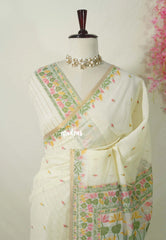 Creamy Ivory - Soft Muslin Silk Floral Weaving Border with Divine Lotus Pallu Thread Weaving - Perfect for Office Wear | Summer Wear
