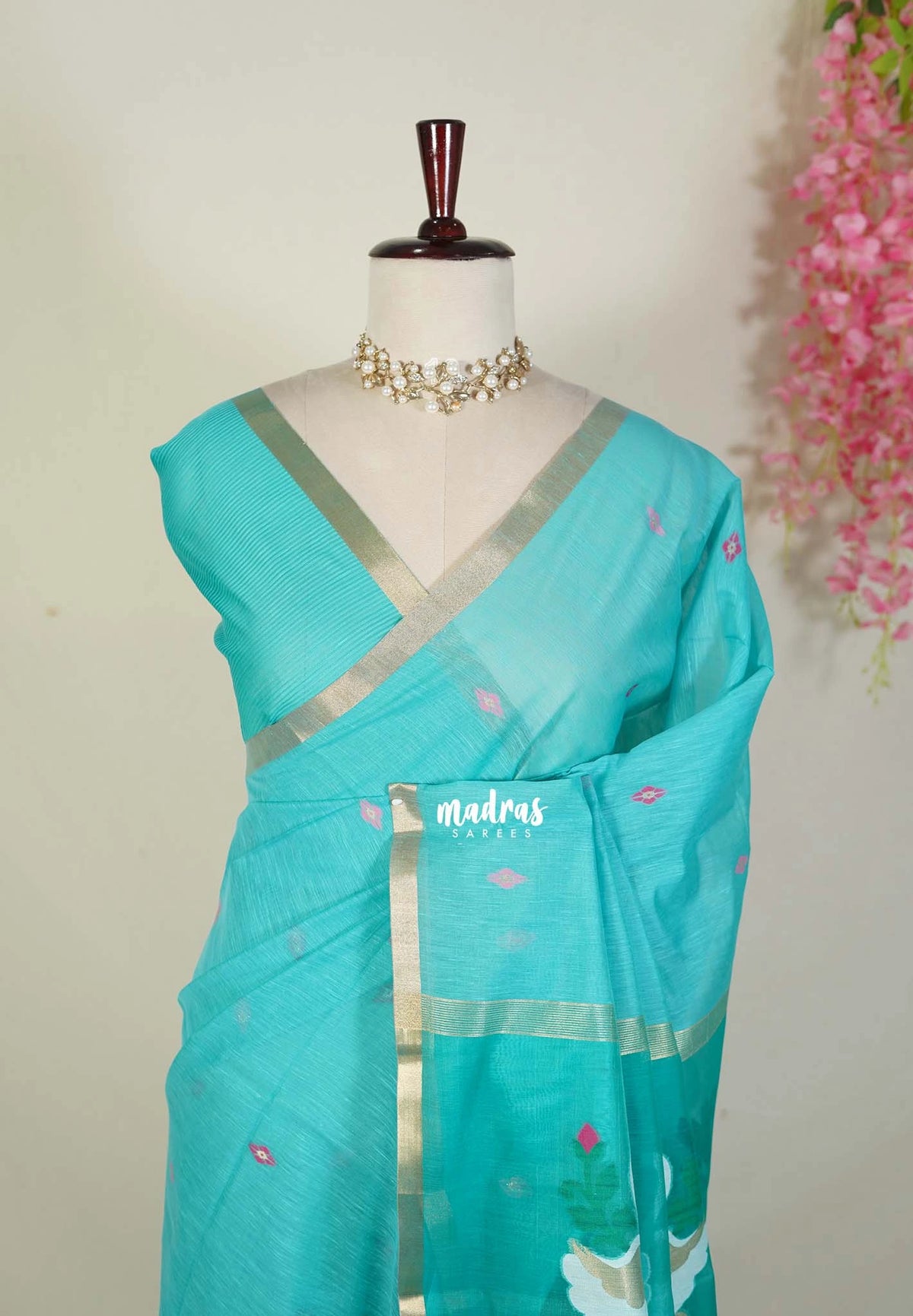 Aqua Green - Soft Muslin Silk Saree with Annam Weaving Pallu Small Border | Elegant Office Wear Saree
