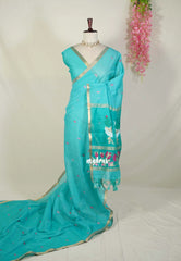 Aqua Green - Soft Muslin Silk Saree with Annam Weaving Pallu Small Border | Elegant Office Wear Saree