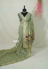 Muted Pista Green - Soft Muslin Silk with Paithani Border Rich Thread Weaving Floral Pallu - Perfect for Office Wear | Summer Wear
