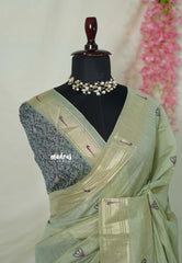 Muted Pista Green - Soft Muslin Silk with Paithani Border Rich Thread Weaving Floral Pallu - Perfect for Office Wear | Summer Wear