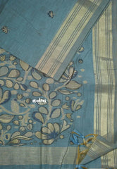 Greyish Blue - Soft Muslin Silk with Floral Weaving Pallu and Zari Border - Perfect for Office Wear | Summer Wear