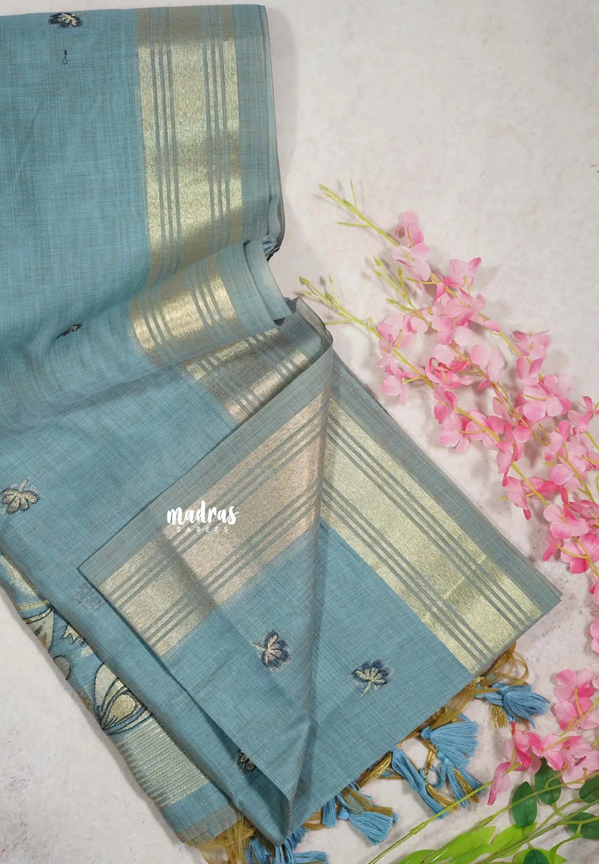 Greyish Blue - Soft Muslin Silk with Floral Weaving Pallu and Zari Border - Perfect for Office Wear | Summer Wear