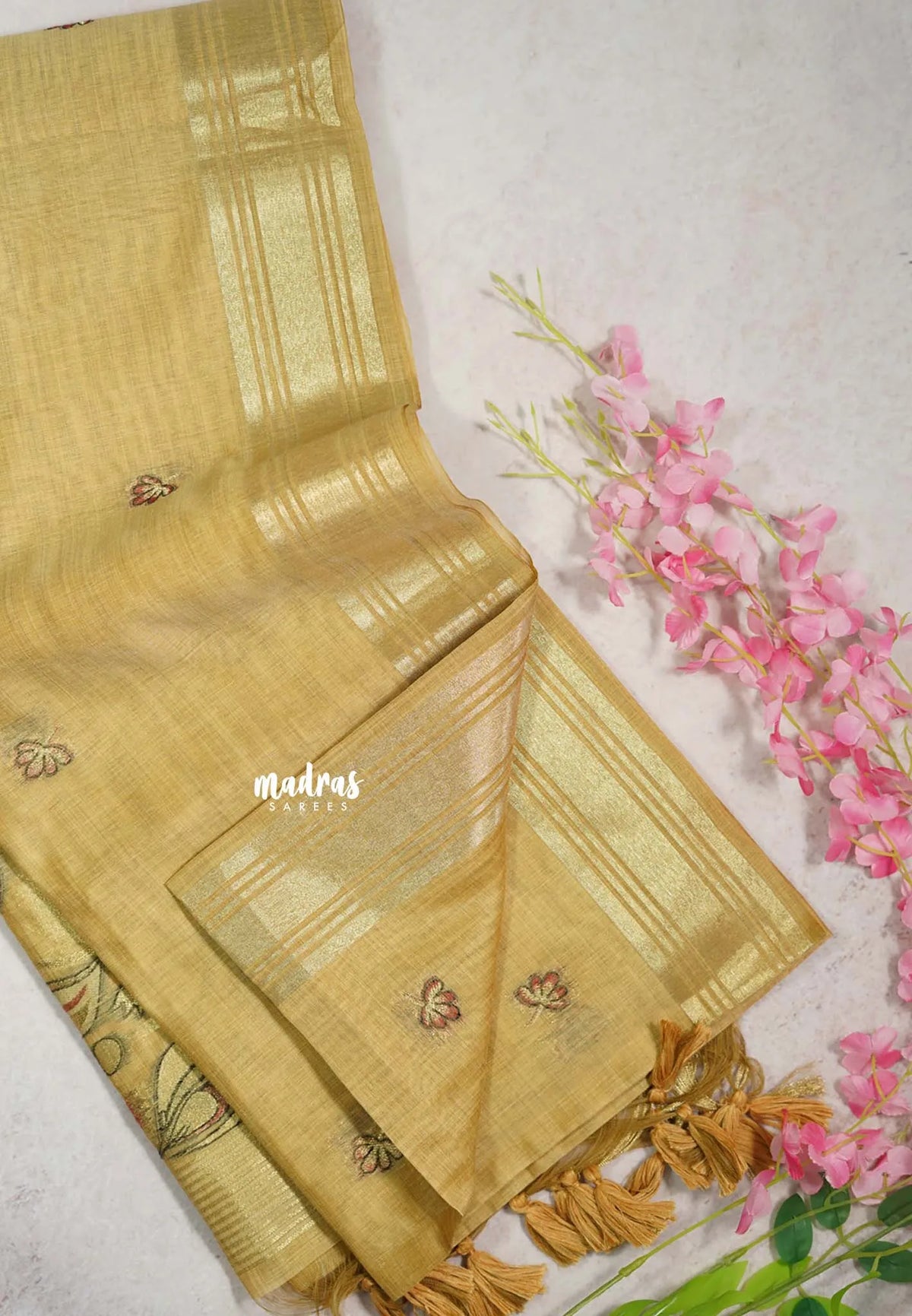 Muted Sandal - Soft Muslin Silk with Floral Weaving Pallu and Zari Border - Perfect for Office Wear | Summer Wear