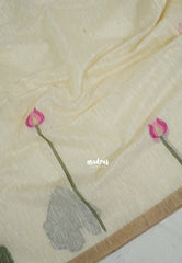 Creamy Ivory - Soft Muslin Silk Saree with Floral Weave & Small Border | Elegant Office Wear Saree
