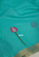 Aqua Cyan - Soft Muslin Silk with Floral Weaving with Small Border - Perfect for Office Wear