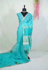 Aqua Cyan - Soft Muslin Silk with Floral Weaving with Small Border - Perfect for Office Wear