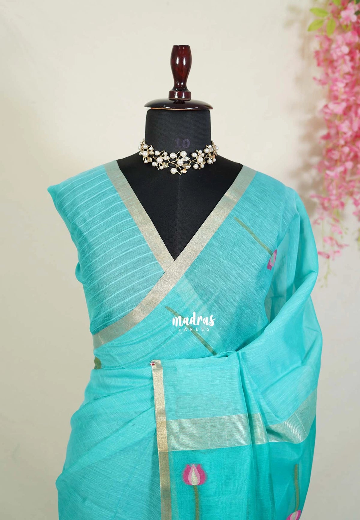 Aqua Cyan - Soft Muslin Silk with Floral Weaving with Small Border - Perfect for Office Wear