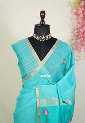 Aqua Cyan - Soft Muslin Silk with Floral Weaving with Small Border - Perfect for Office Wear