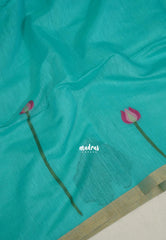 Aqua Cyan - Soft Muslin Silk with Floral Weaving with Small Border - Perfect for Office Wear