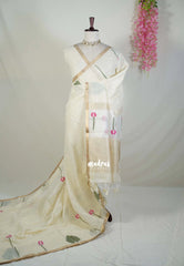 Creamy Ivory - Soft Muslin Silk Saree with Floral Weave & Small Border | Elegant Office Wear Saree