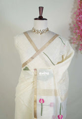 Creamy Ivory - Soft Muslin Silk Saree with Floral Weave & Small Border | Elegant Office Wear Saree
