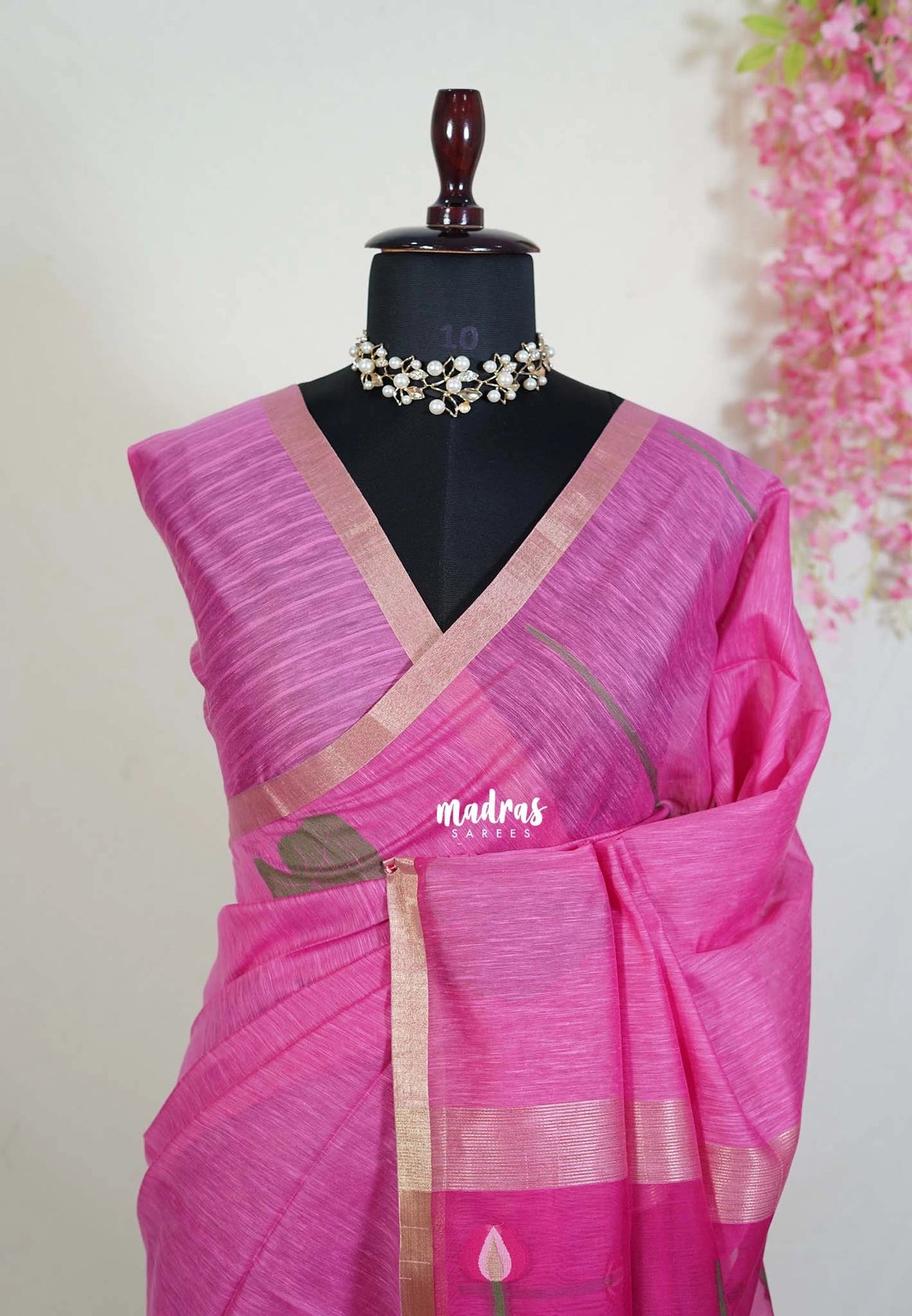 Rose Pink - Soft Muslin Silk with Floral Weaving with Small Border - Perfect for Office Wear