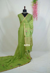 Pista Green - Soft Muslin Silk with Floral Weaving with Small Border - Perfect for Office Wear