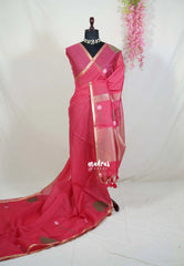Reddish Pink - Soft Muslin Silk with Floral Weaving with Small Border - Perfect for Office Wear