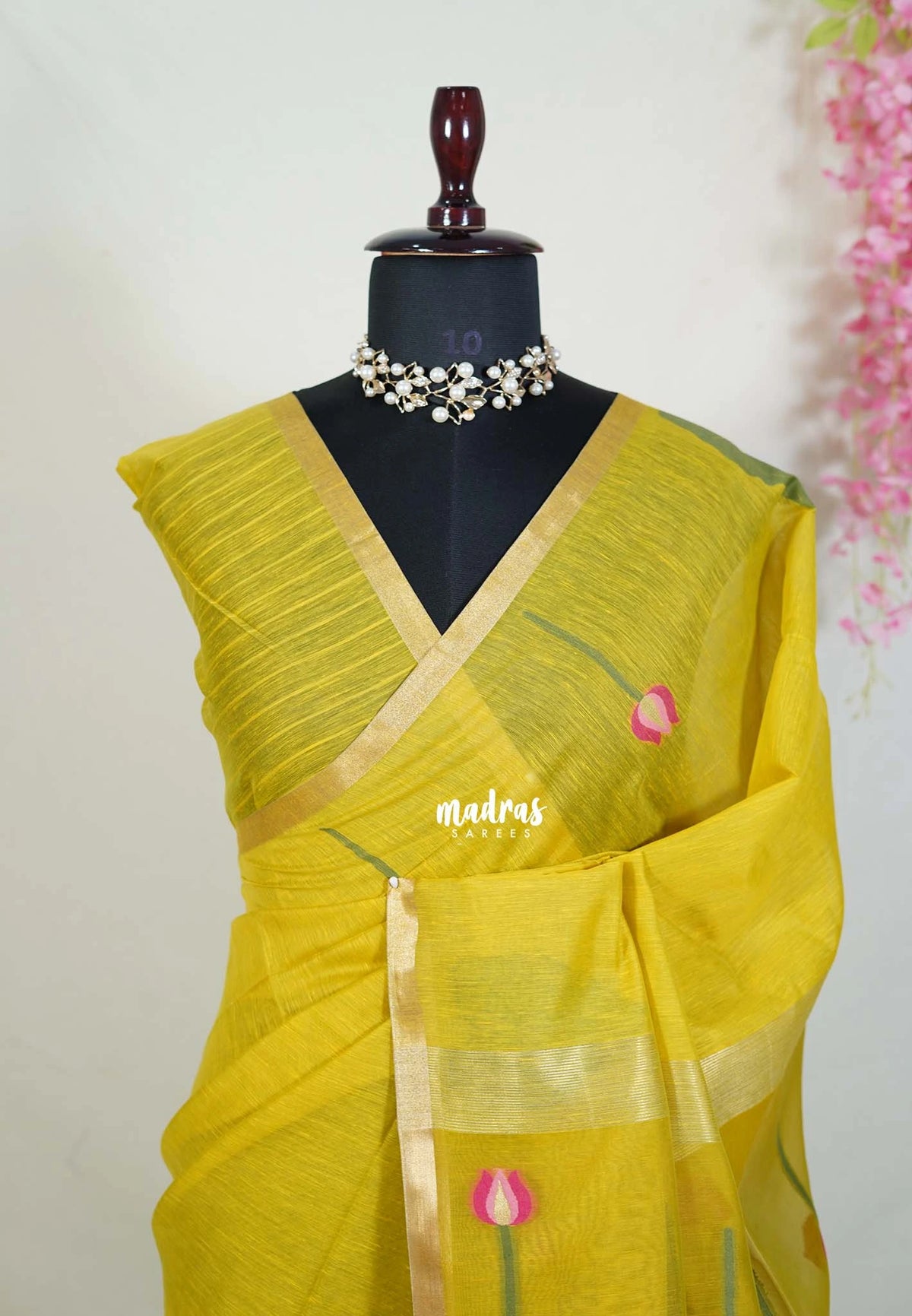 Greenish Yellow - Soft Muslin Silk with Floral Weaving with Small Border - Perfect for Office Wear