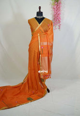 Saffron Orange - Soft Muslin Silk with Floral Weaving with Small Border - Perfect for Office Wear