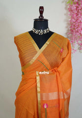Saffron Orange - Soft Muslin Silk with Floral Weaving with Small Border - Perfect for Office Wear