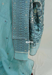 Muted Turquoise Blue - Soft Muslin Silk Saree Heavy Weaving Pallu and Mirror Work with Lace - Best for Office Wear | Casual Wear