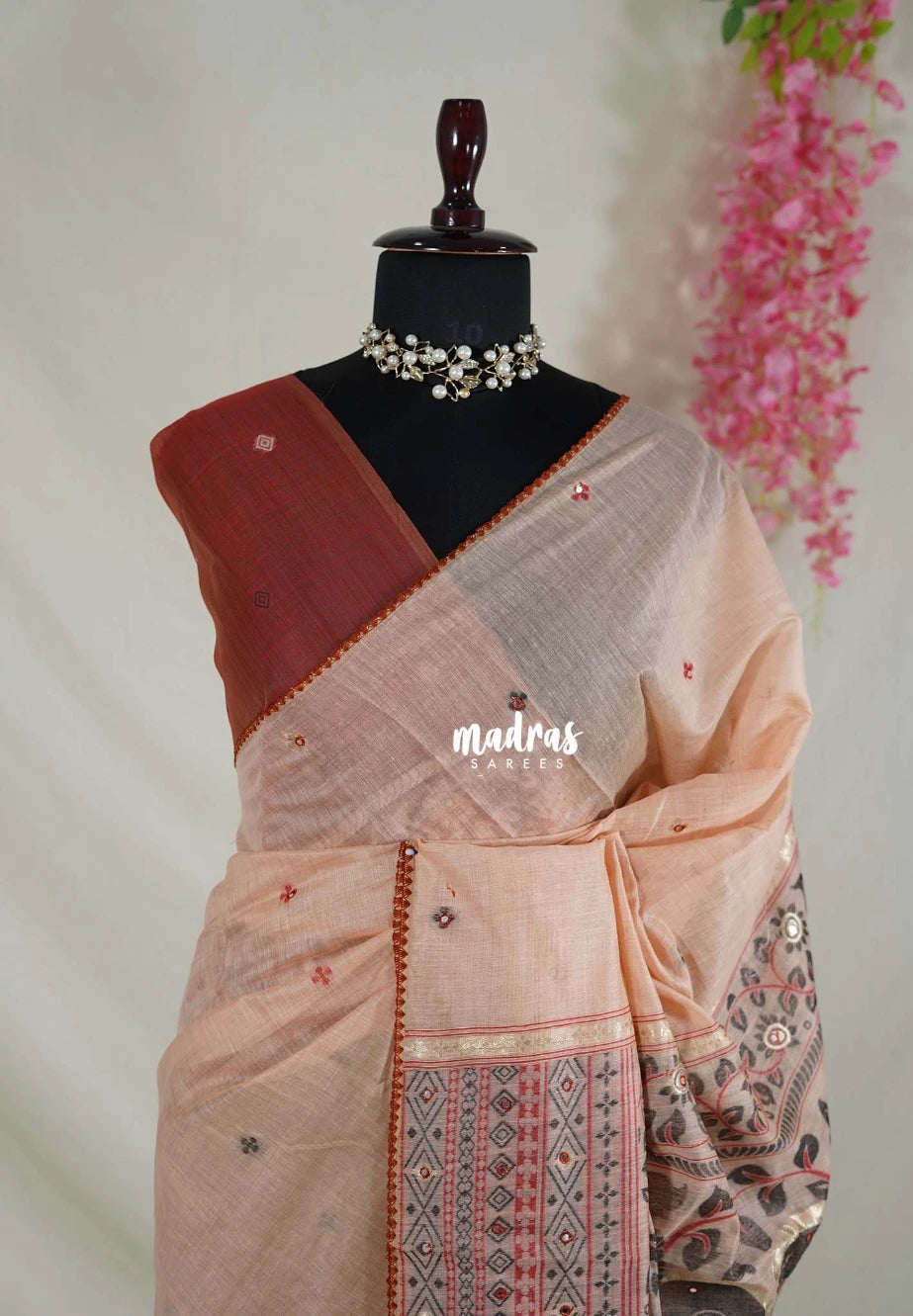 Soft Peach - Soft Muslin Silk Saree Heavy Weaving Pallu and Mirror Work with Lace - Best for Office Wear | Casual Wear