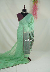 Mint Green - Soft Muslin Silk Saree Heavy Weaving Pallu and Mirror Work with Lace - Best for Office Wear | Casual Wear