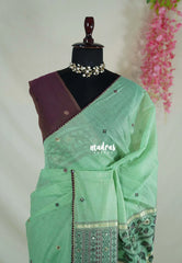 Mint Green - Soft Muslin Silk Saree Heavy Weaving Pallu and Mirror Work with Lace - Best for Office Wear | Casual Wear
