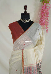 Muted Beige - Soft Muslin Silk Saree Heavy Weaving Pallu and Mirror Work with Lace - Best for Office Wear | Casual Wear