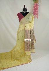 Creamy Yellow - Soft Muslin Silk Saree Heavy Weaving Pallu and Mirror Work with Lace - Best for Office Wear | Casual Wear