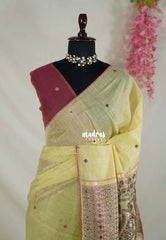 Creamy Yellow - Soft Muslin Silk Saree Heavy Weaving Pallu and Mirror Work with Lace - Best for Office Wear | Casual Wear