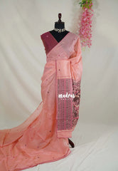 Coral Peach - Soft Muslin Silk Saree Heavy Weaving Pallu and Mirror Work with Lace - Best for Office Wear | Casual Wear