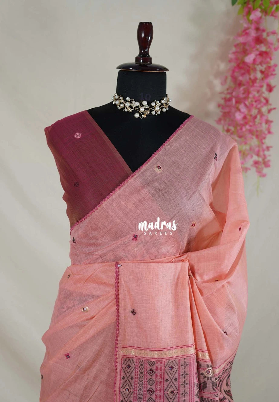 Coral Peach - Soft Muslin Silk Saree Heavy Weaving Pallu and Mirror Work with Lace - Best for Office Wear | Casual Wear