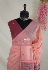 Coral Peach - Soft Muslin Silk Saree Heavy Weaving Pallu and Mirror Work with Lace - Best for Office Wear | Casual Wear