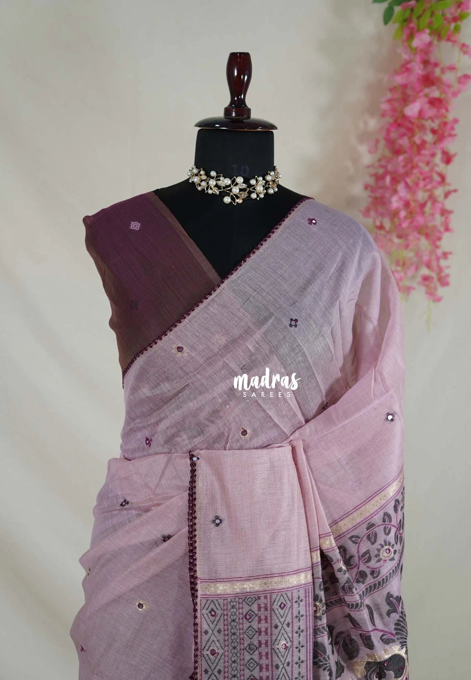 Creamy Mauve - Soft Muslin Silk Saree Heavy Weaving Pallu and Mirror Work with Lace - Best for Office Wear | Casual Wear