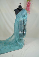 Muted Turquoise Blue - Soft Muslin Silk Saree Heavy Weaving Pallu and Mirror Work with Lace - Best for Office Wear | Casual Wear