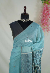 Muted Turquoise Blue - Soft Muslin Silk Saree Heavy Weaving Pallu and Mirror Work with Lace - Best for Office Wear | Casual Wear